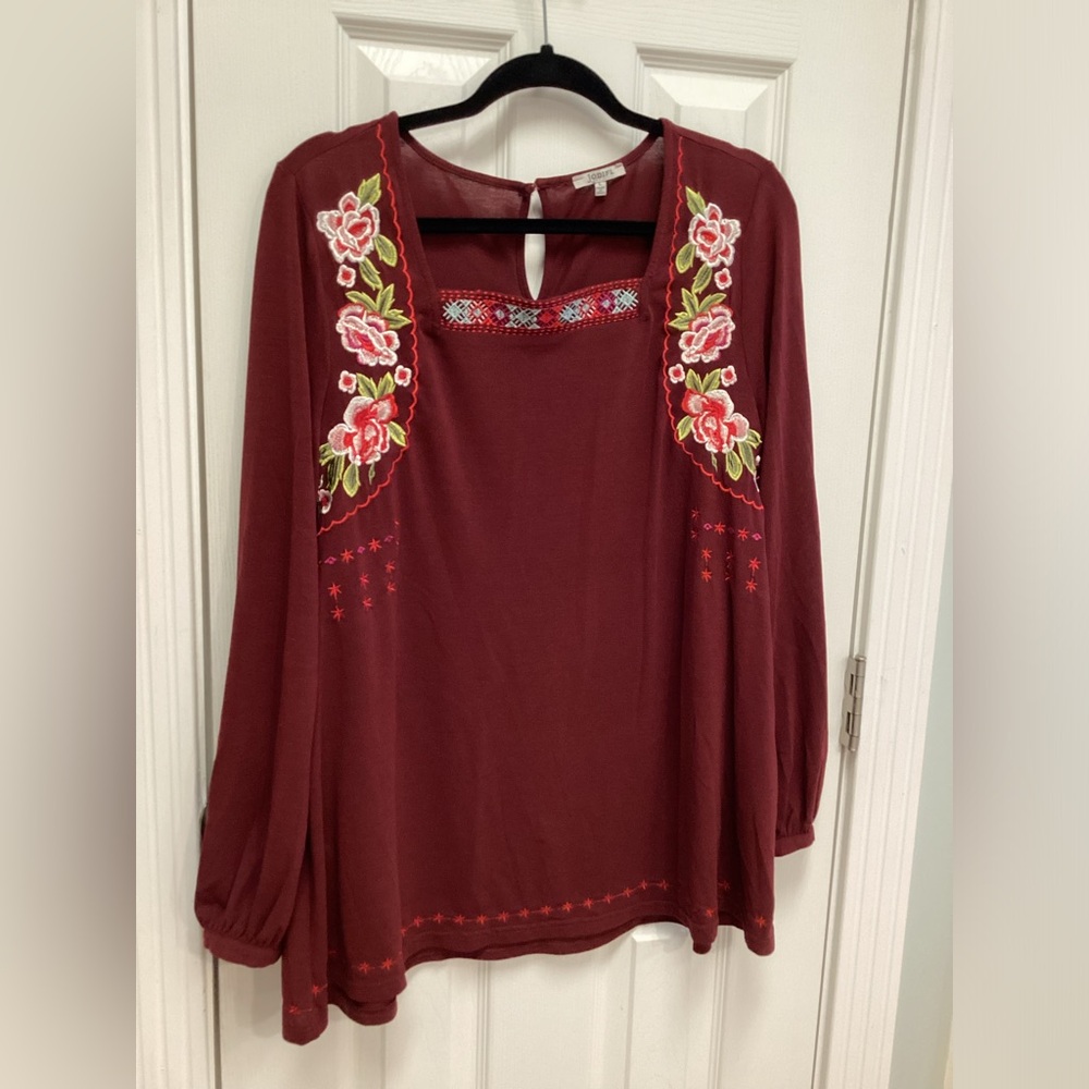 Jodifl Burgundy Embroidered Peasant Blouse SZ L Boho Floral Square Neck Tunic